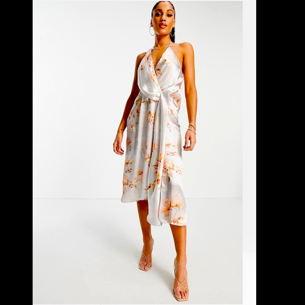 ASOS DESIGN minimal drape satin midi dress in occasion floral